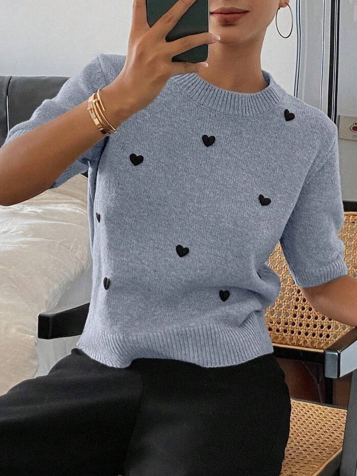 Womens Crew-Neck Pullover Heart Jacquard Knitted Sweater