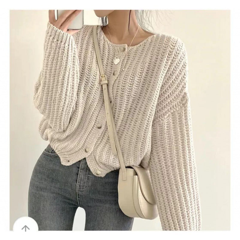 Lazy Solid Color Top Women's Sweater Coat Loose Round Neck Single Breasted