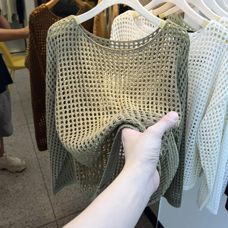Sexy Pure Want To Wear Round Neck Long Sleeve Hollow Knitted Mesh Shirt