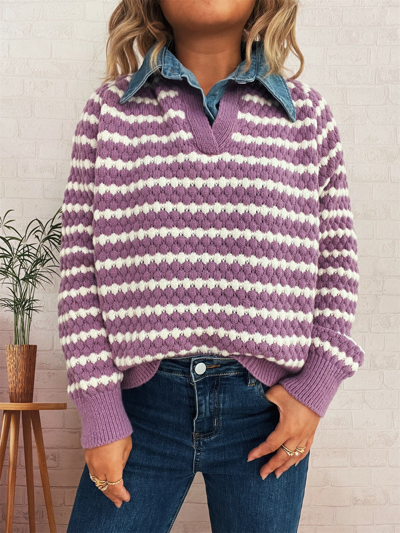 Women's Denim Patchwork Lapel Knitted Stripe Color Block Fake Two-piece Sweater