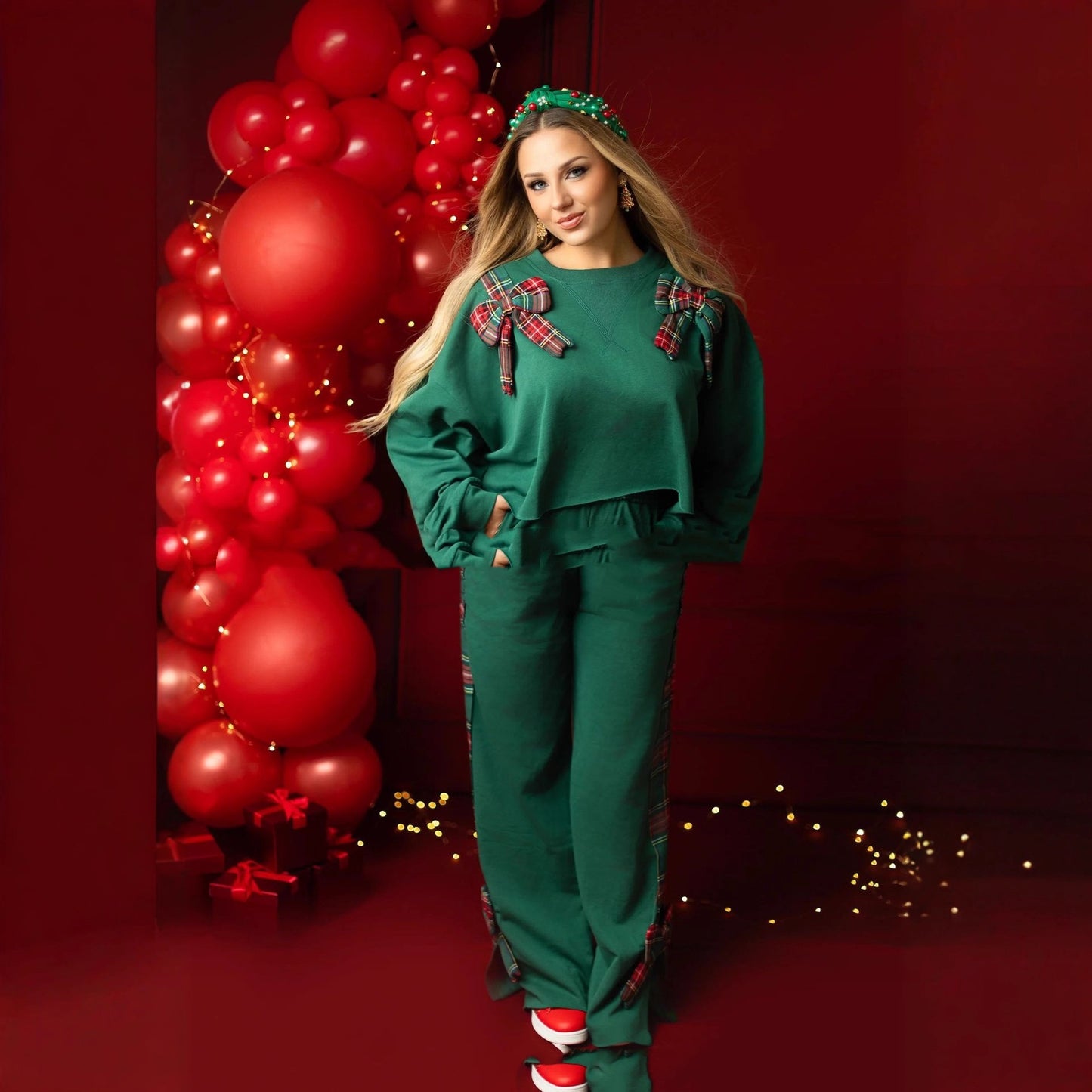 Christmas Bow Decoration Long-sleeved Trousers Two-piece Set
