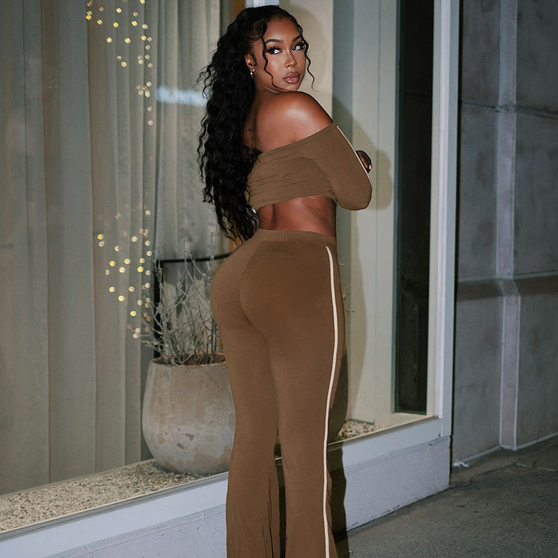 Off-shoulder Long-sleeve Top And Drawstring Wide-leg Pants Set