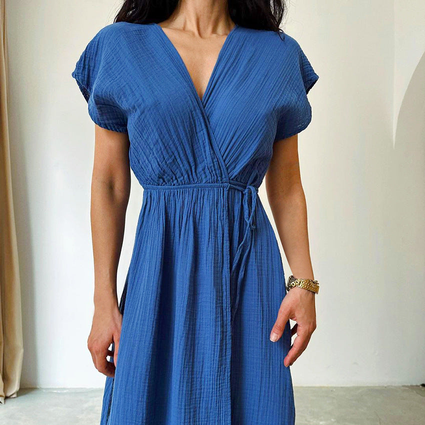 Deep V-neck Short-Sleeve Long Nightdress Loose-Fitting One-Piece Breathable Womens Loungewear