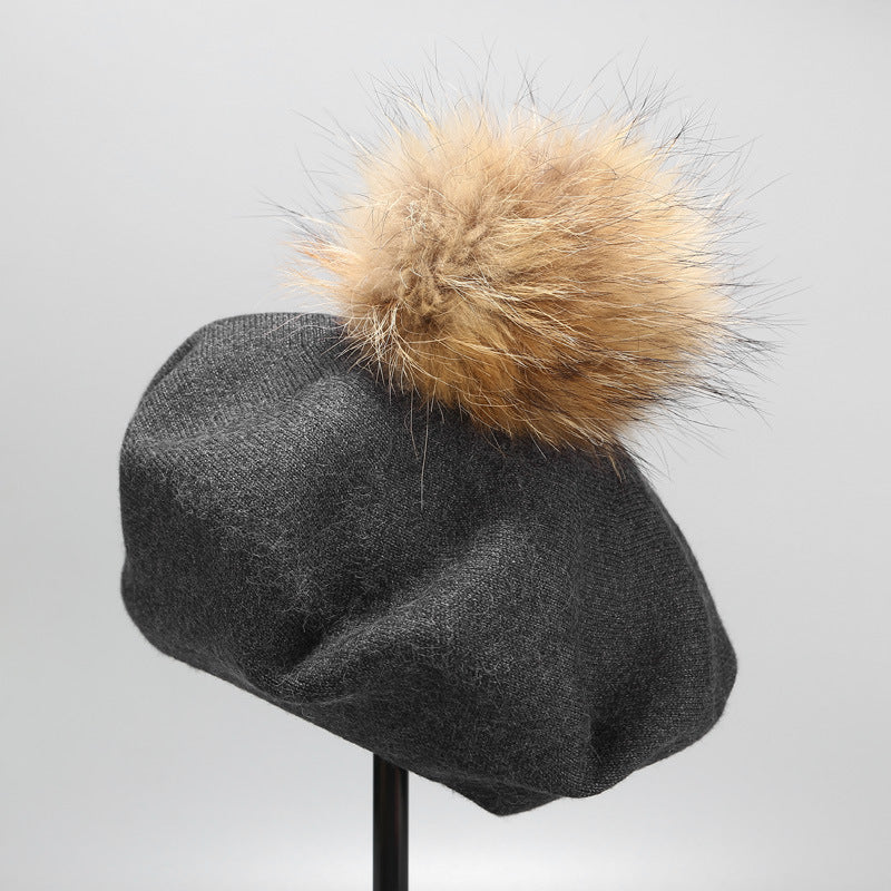 Ins Hat New Real Hair Ball Beret Women