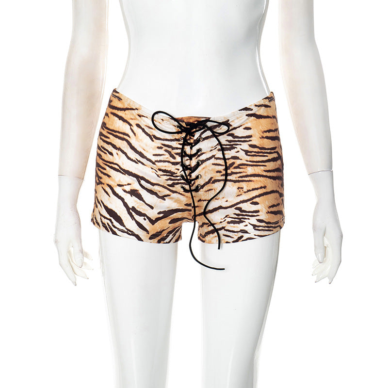 Women's Sexy American Hot Girl Tiger Stripe Pattern Rope Shorts