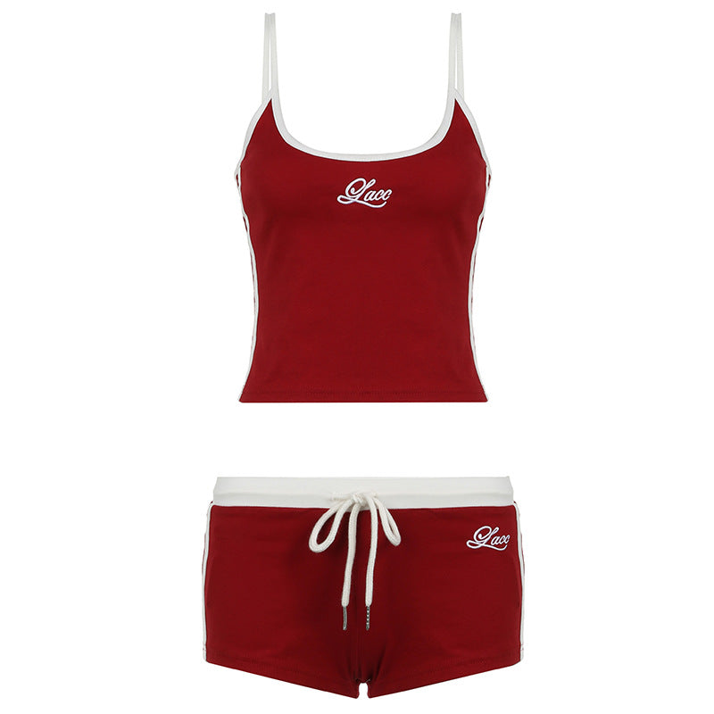 U-neck Camisole With Drawstring And Lace-up Details Paired With Shorts