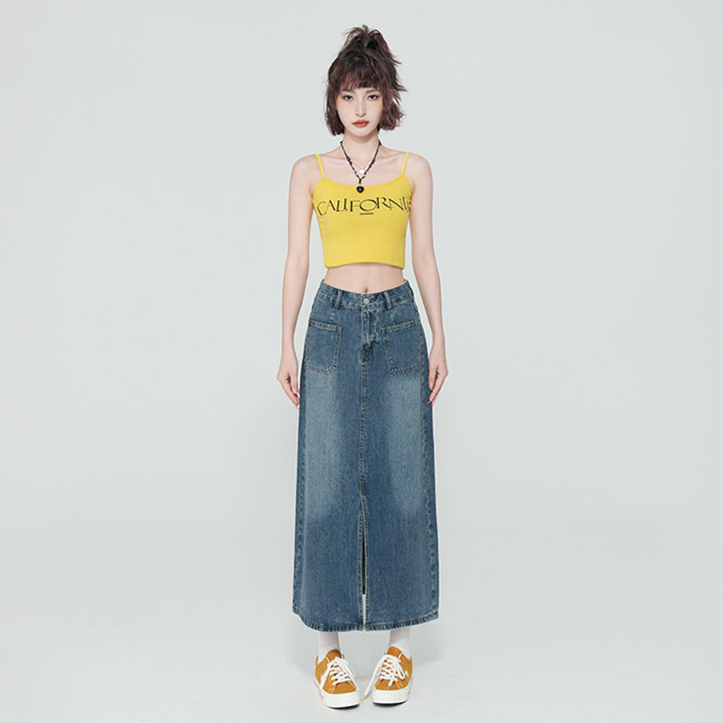 New High Waist Front Patch Pocket Denim Women's Bag Hip Skirt