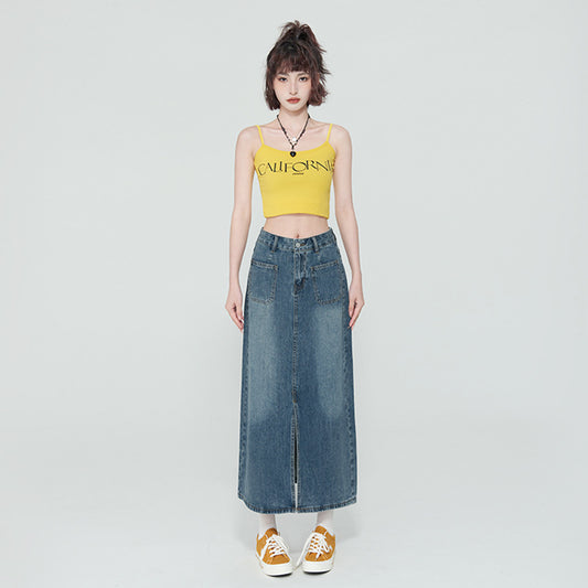 New High Waist Front Patch Pocket Denim Women's Bag Hip Skirt