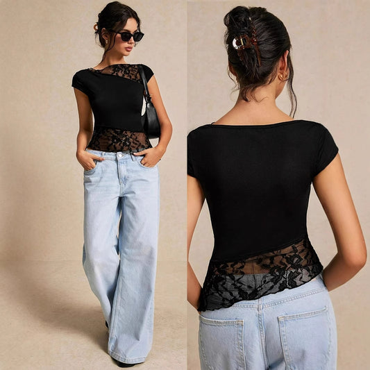 Women's Slim-fit Lace-panelled Short-sleeve Top