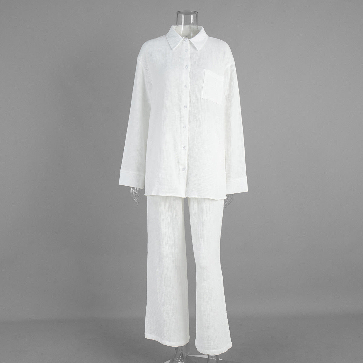 New Womens Double-Layer Crepe Long-Sleeve Shirt Set