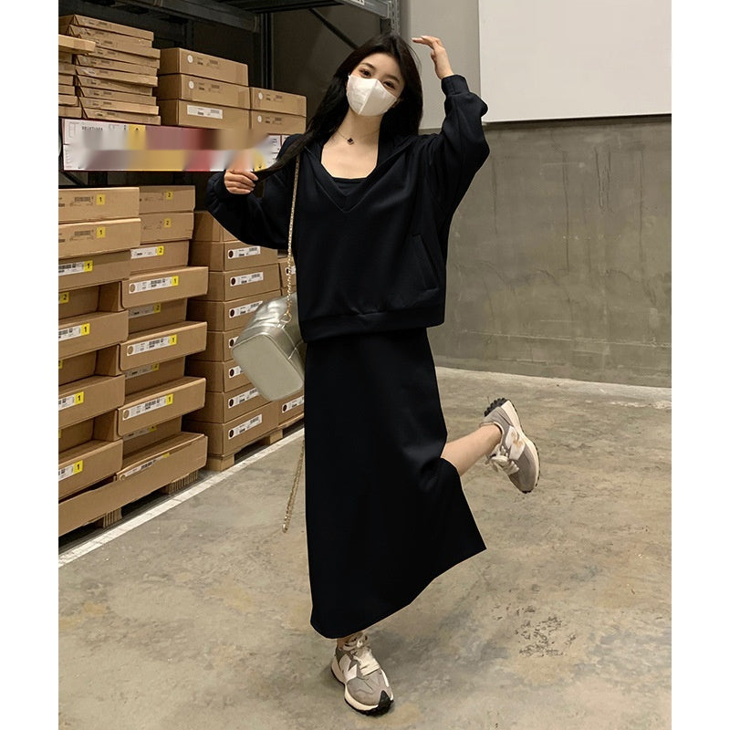 Loose Hooded Sweatshirt Set Women Sexy Knitted Halter Two-piece