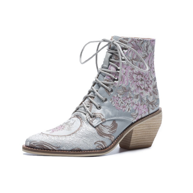 Vintage Hand-embroidered Lace-up Flower High-heeled Ankle Boots