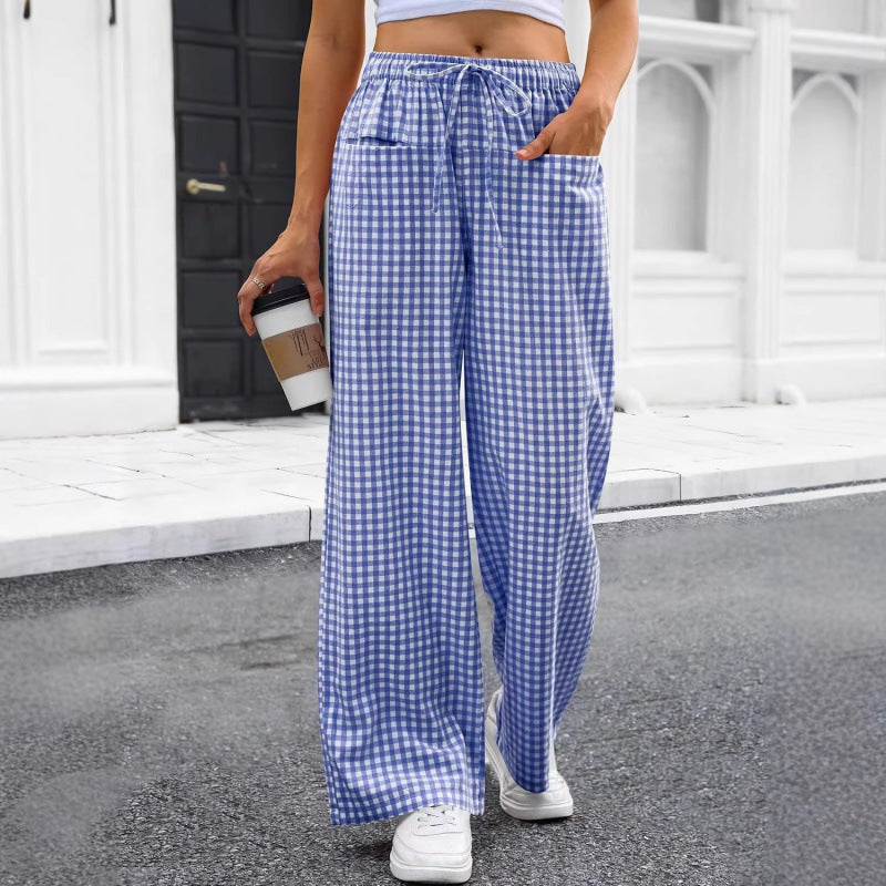 High-waisted Wide-leg Plaid Drawstring Loungeleisure Pants