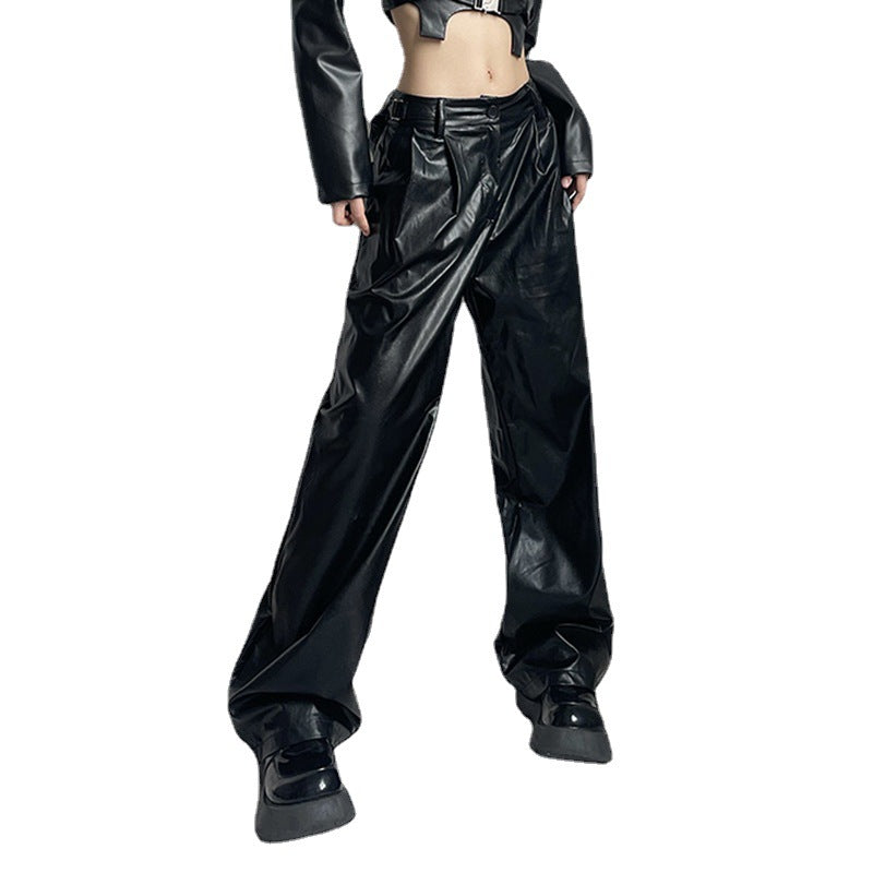 Women's Straight Low Waist Loose Casual Leather Pants