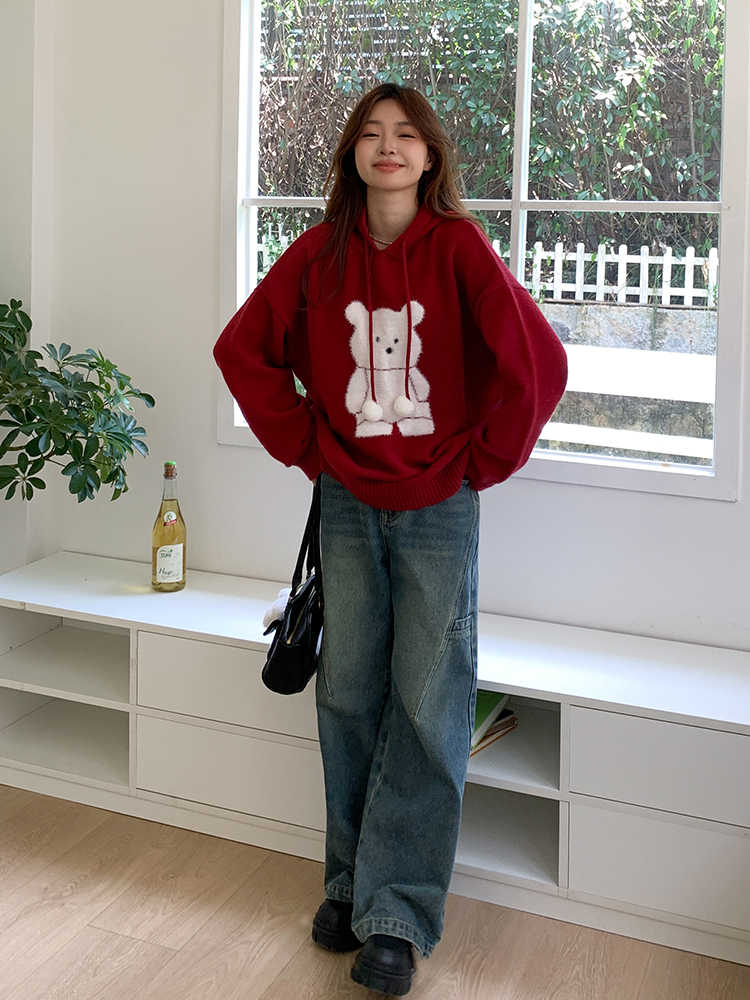 Bear Loose Hooded Warm Sweater Women's Knitted Blouse