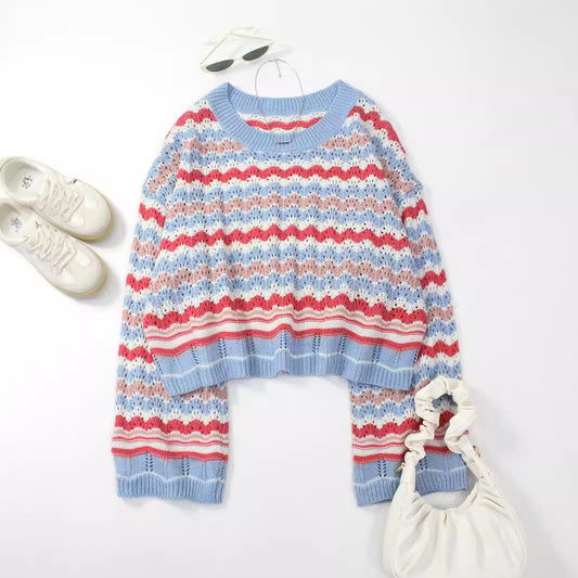 Striped Hollow-out Knitted Round Neck Loose Contrast Color Fashion Pullover Top Women's Clothing