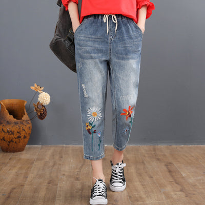 Women's Embroidered Hole Eight-point Harem Pants Embroidered Flower Summer Pants