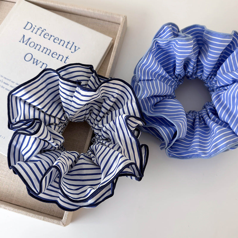 Sweet Blue Striped Double-layer Large Intestine Hair Ring All-match Hair Accessories