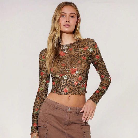 Leopardprint Blomstret Mesh Rund Hals Kort Langærmet