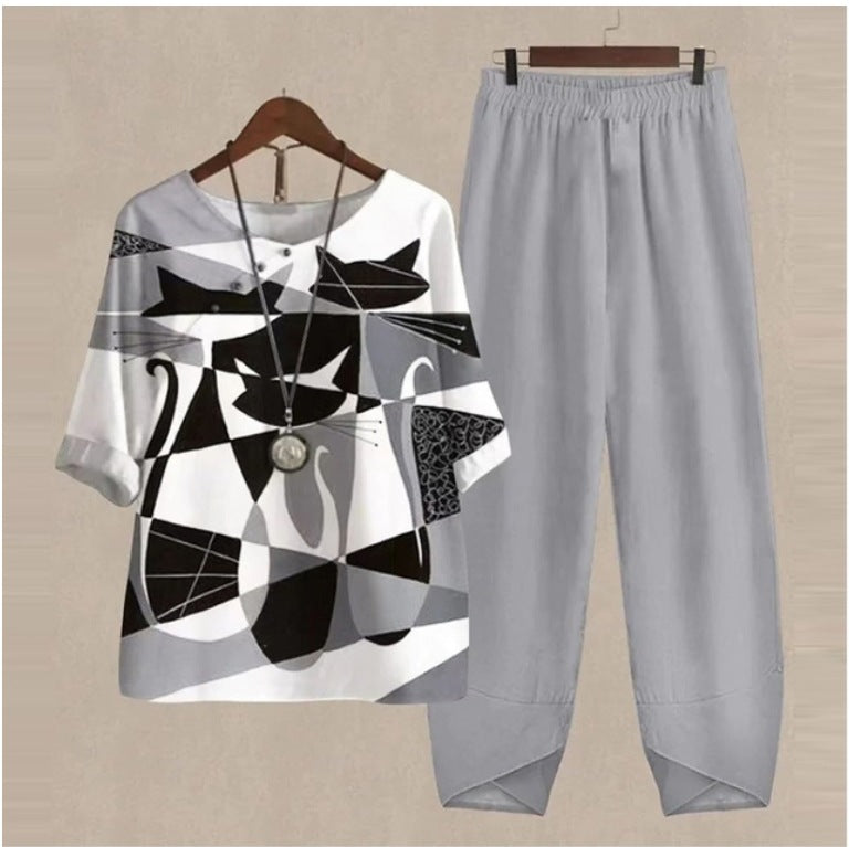 New Women's Five-quarter Sleeve Printed Top Two-piece Pants