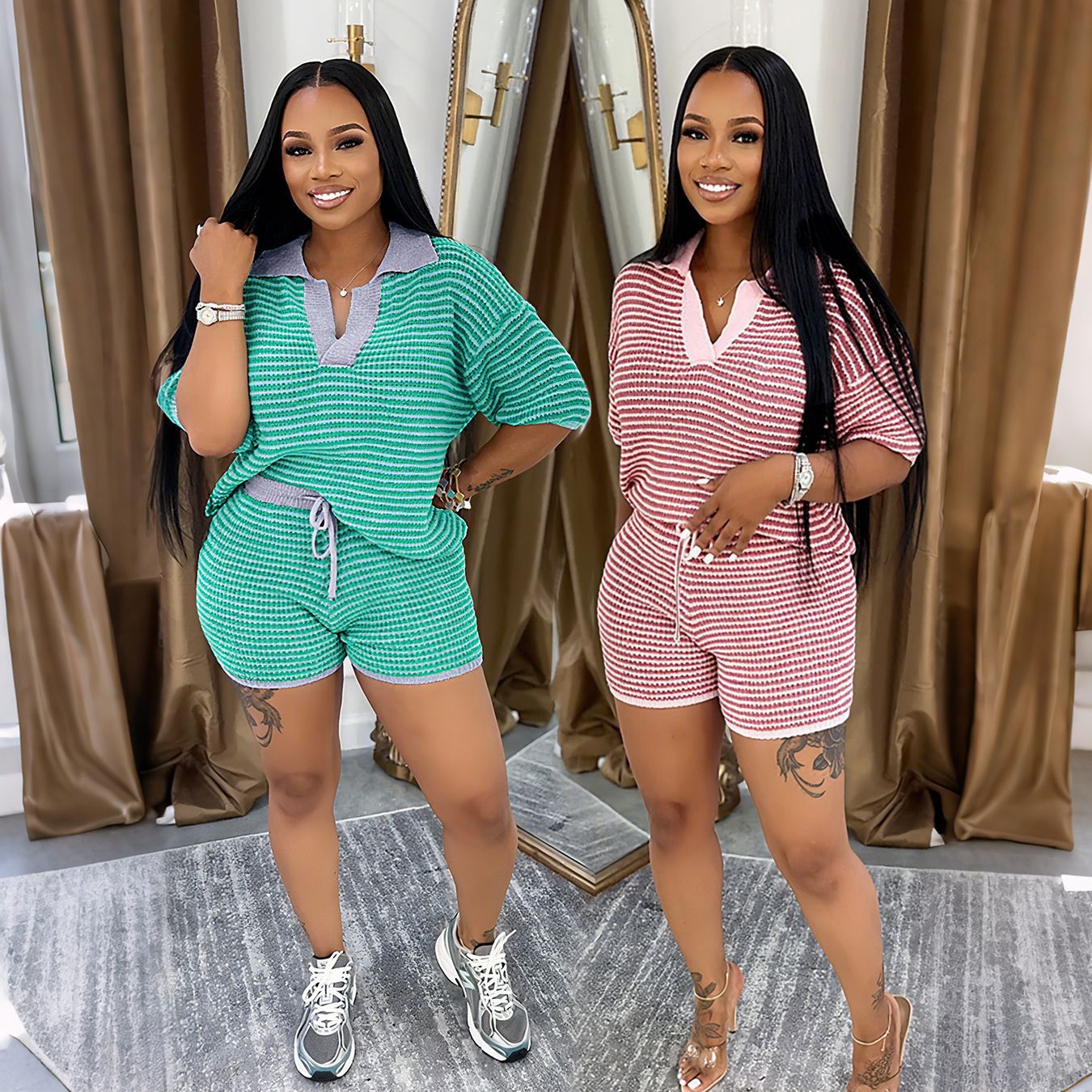 Mid-sleeve V-neck Striped Knit Top And High-waisted Shorts Set