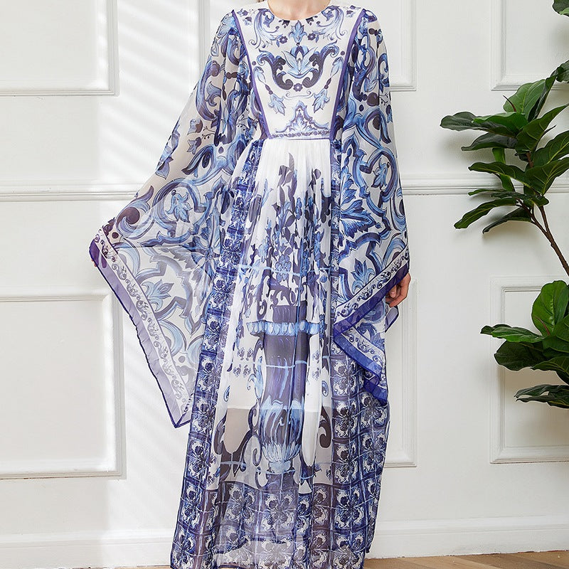 Blue And White Floral Printed Flowing Fairy Dress With Large Swing