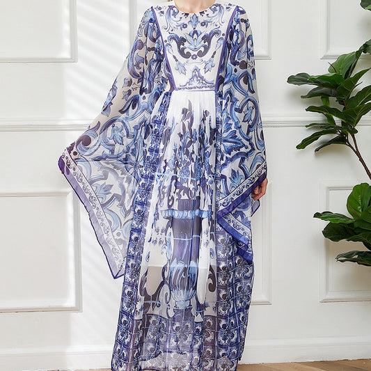 Blue And White Floral Printed Flowing Fairy Dress With Large Swing