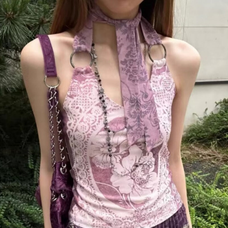 Retro Romantic Pattern Halterneck With Suspenders Vest