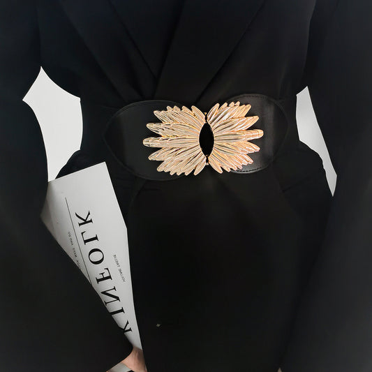 New Autumn Winter Black Elastic Waistband Sunflower Alloy Buckle Waist Cover All Match Slim Elegant Design Decorative Coat