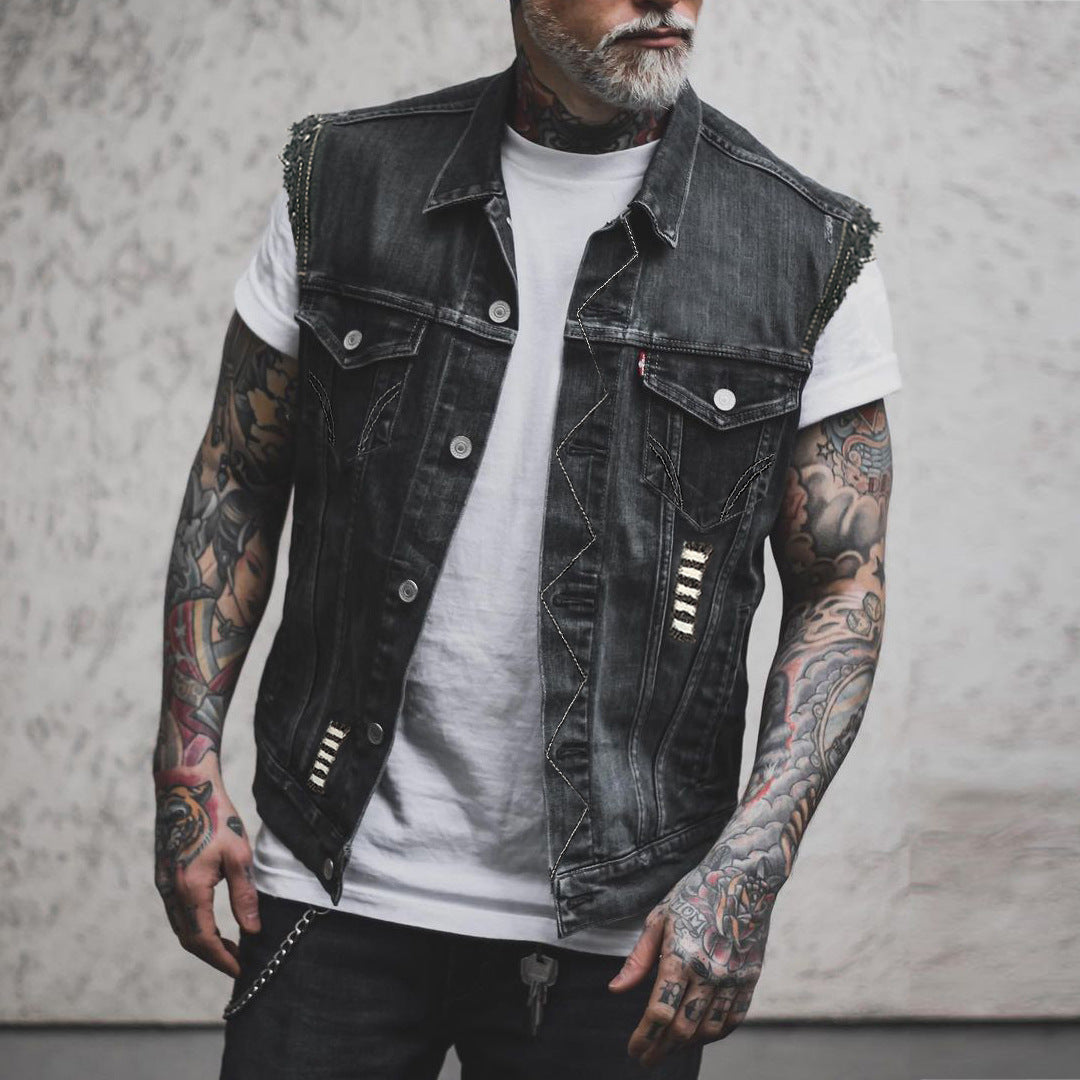 Men's Denim Vest Printed Shirt