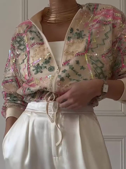 Embroidered Sequin Cropped Bomber Jacket