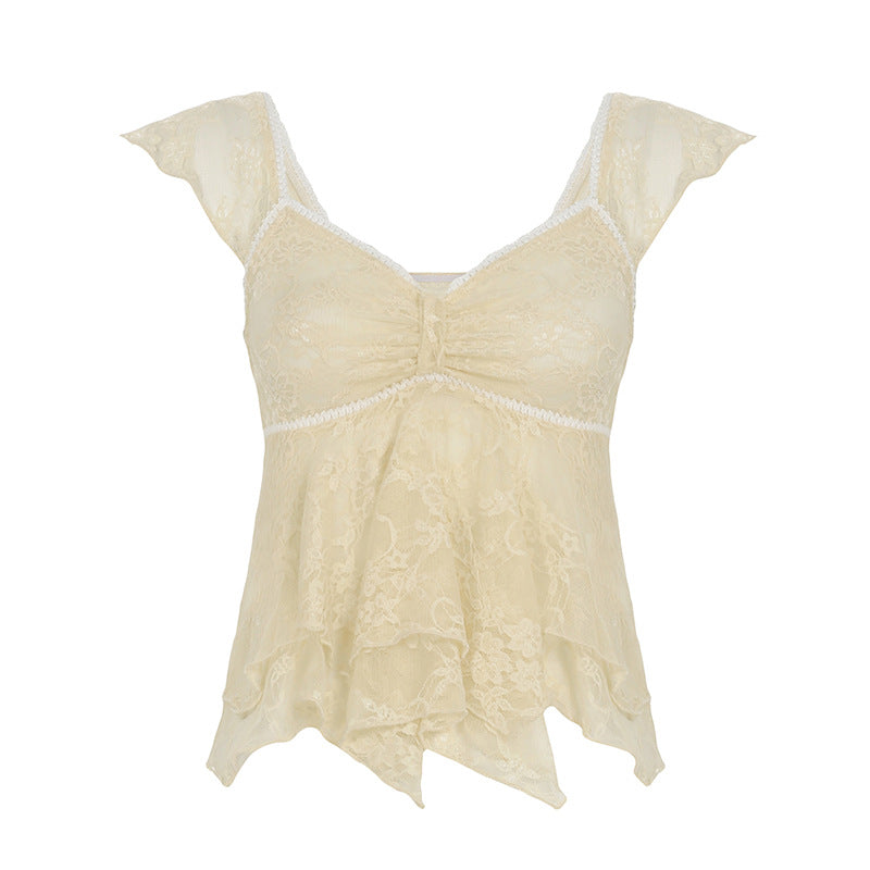 Pure Desire Style Lace Ruffled A Swing Top V-neck Sexy Slimming