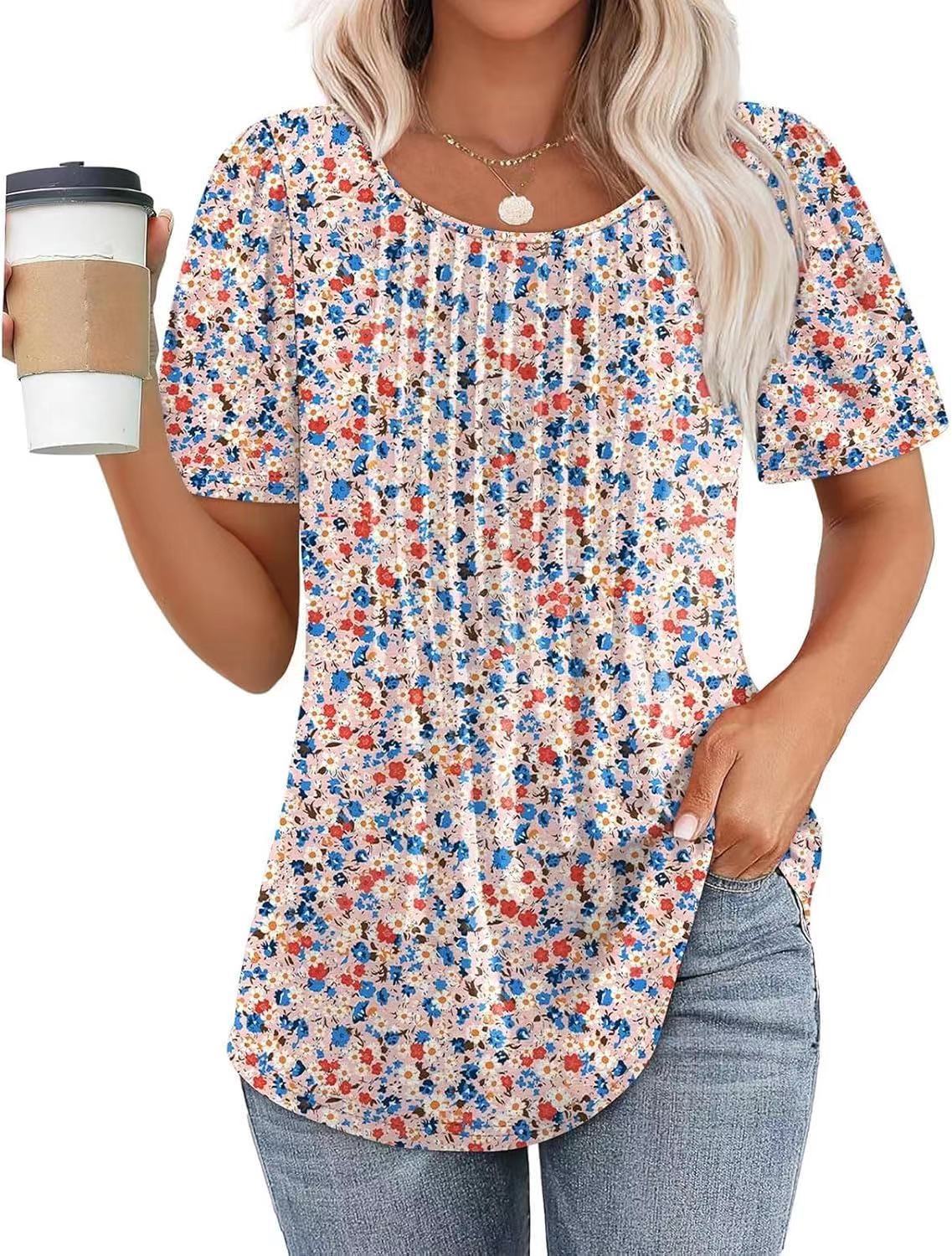 Round Neck Pleated Printed T-shirt