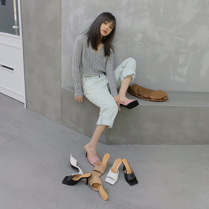 Catwalk Blogger Simple High-heeled Slippers Fashion Square Head