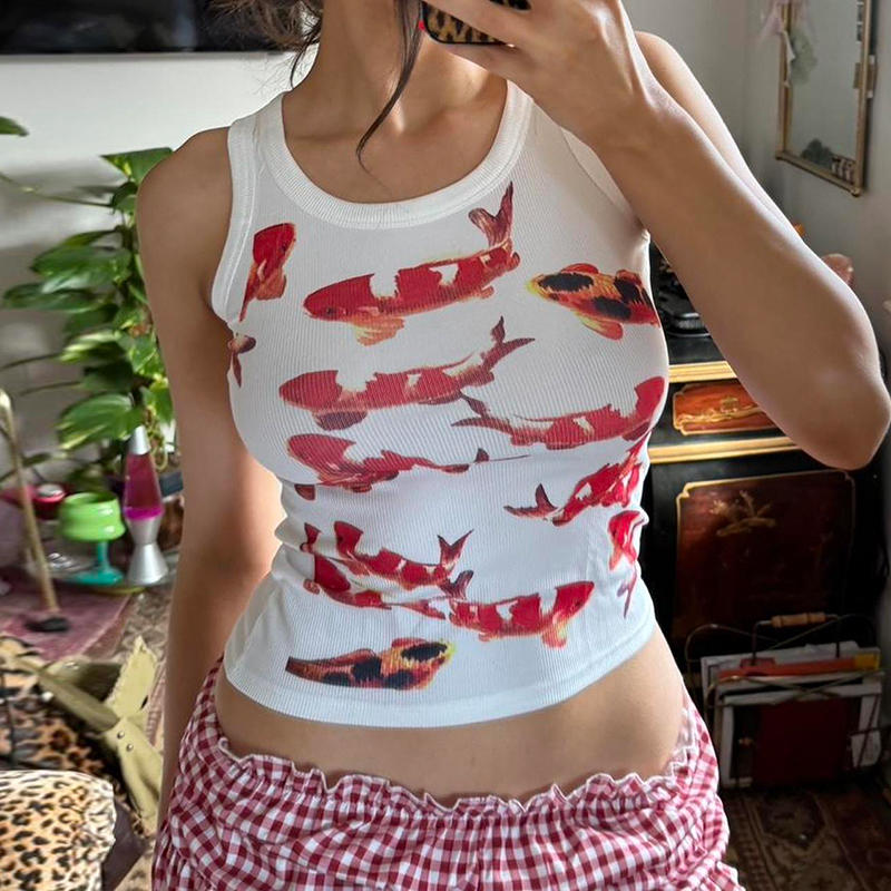 Dame Top med Guldfisketryk i Amerikansk Vintagestil