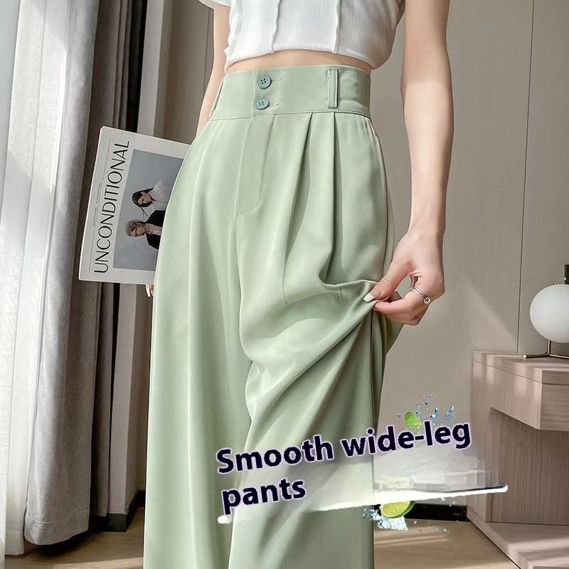 Green Ice Silk Wide-leg Pants Women's Summer Thin High Waist