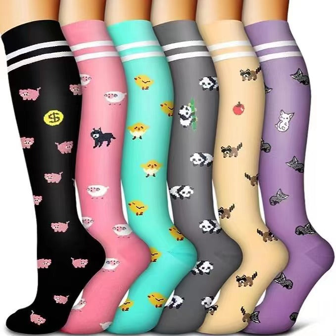 Combination Pattern Long Tube Sports Compression Stockings 6 Pairs