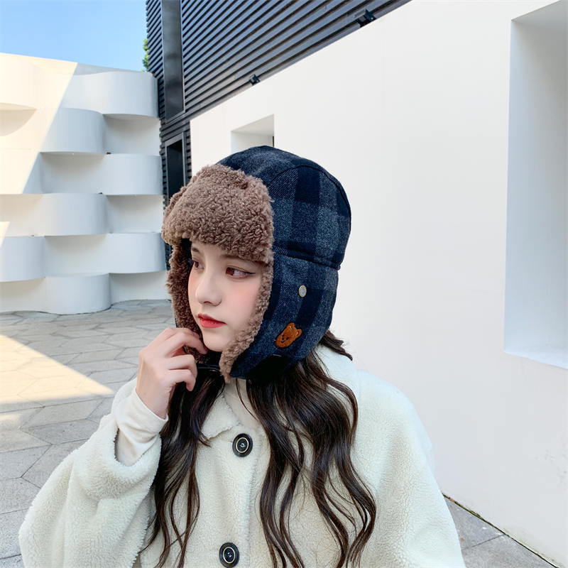 Plaid, Brushed Thermal And Windproof Cold Cycling Earflaps Ushanka Female
