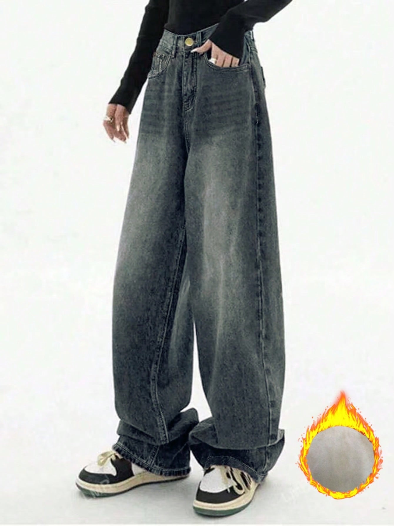 Fleece Padded Jeans Women's American Retro Street Wide Leg