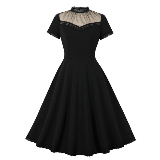 Elegant Womens Ruffled Collar Mesh Patchwork Hollow-Out Dress