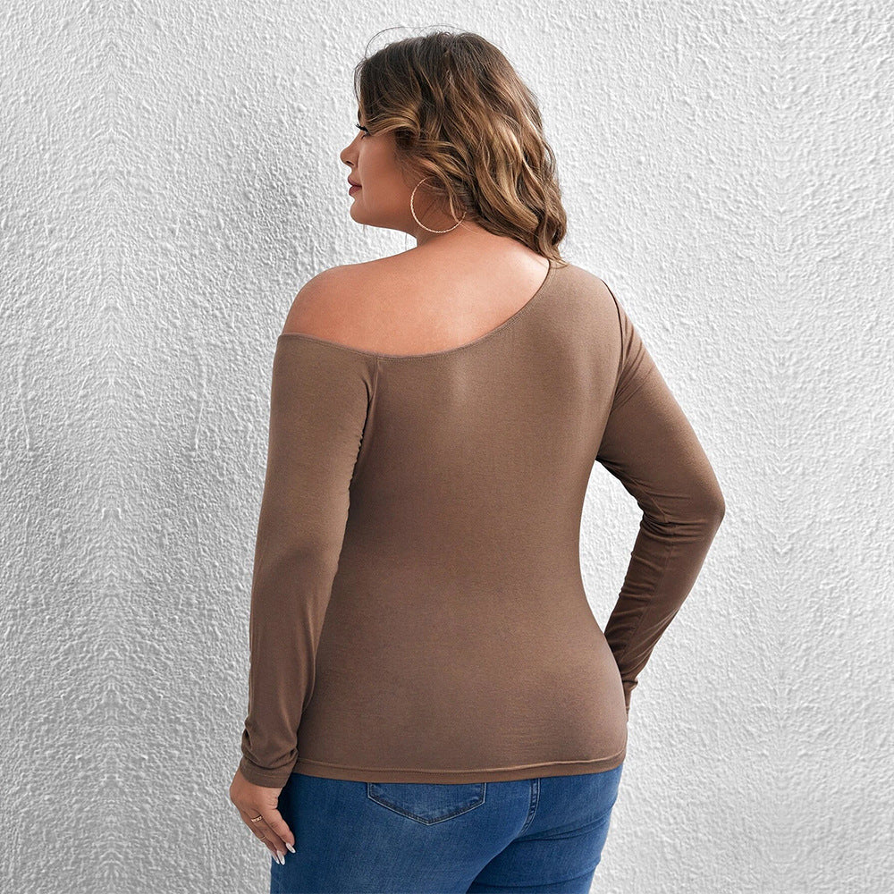 Dame Slim-fit Sexet Off-shoulder Strikket Top med Skrå Krave og Lange Ærmer