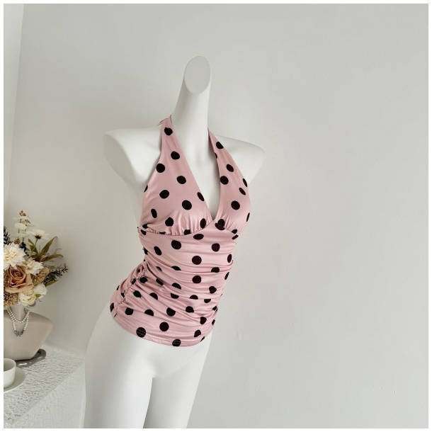 Sexy Hot Girl French Temperament Polka Dot V-neck Halter Tank Top