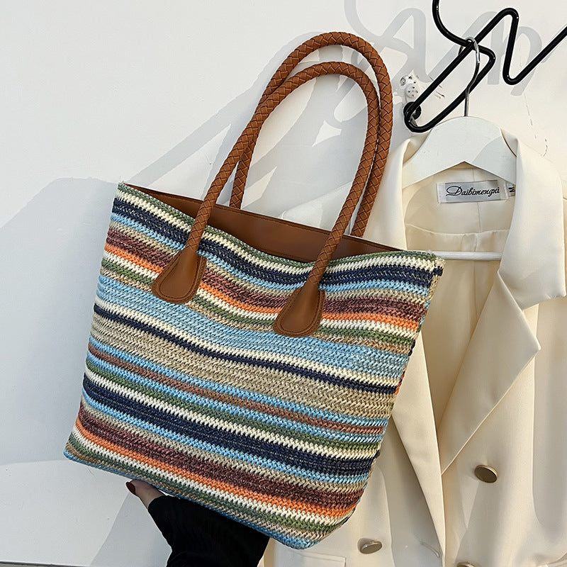 Grass Woven Beach Large Capacity Striped Tote Bag