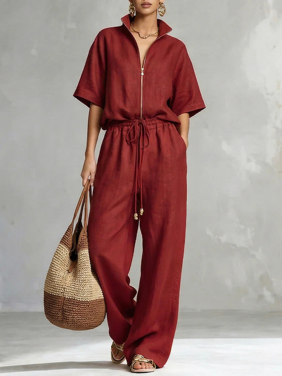 Womens Casual Loose Solid-Color Zip-Up Crew-Neck Wide-Leg Pants Set