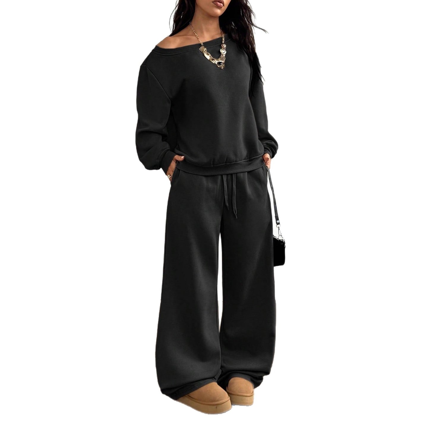 Womens Fashion Casual Sweatshirt And Wide-Leg Pants Set