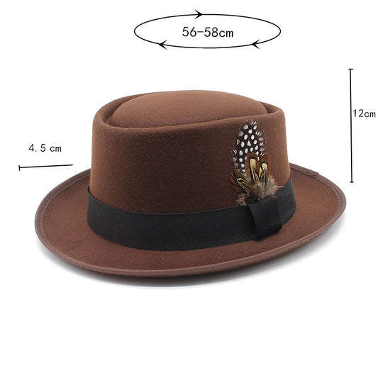 Versatile Jazz Hat Flat Top Woolen Feather French
