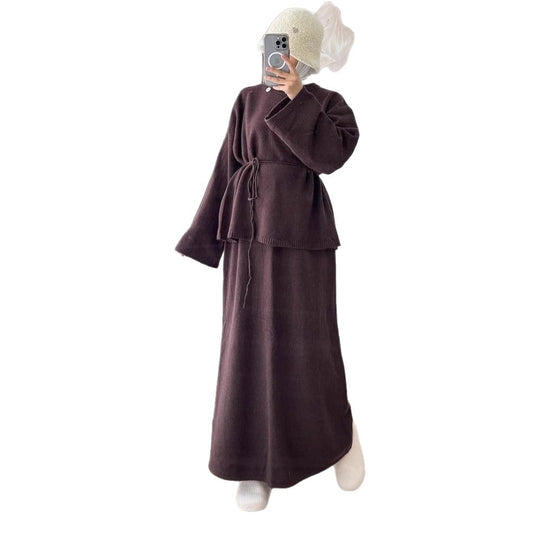 Stylish Casual Crew-neck Long-sleeve Tie-front A-line Dress In Hong Kong Style