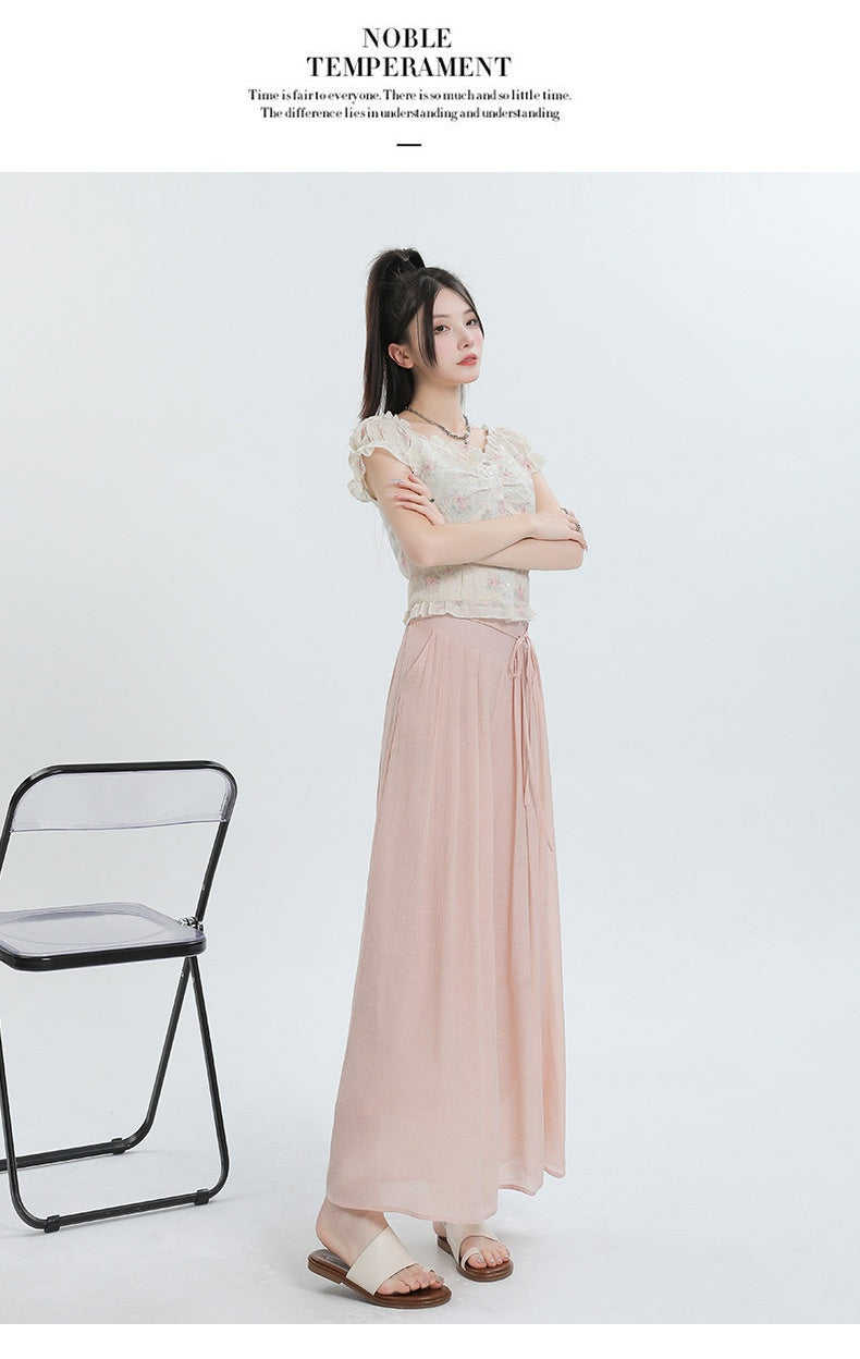 Summer Thin Design High Waist With Straps Slimming And Straight Drape Cropped Wide-leg Pants Skirt