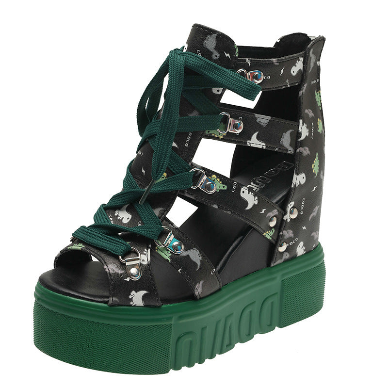Platform Wedge Fish Mouth Print Sandals