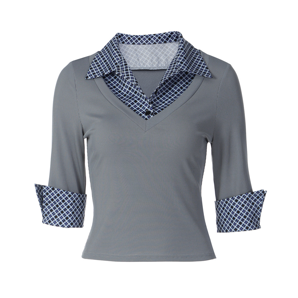 Women's Fashionable Plaid Patchwork Polo-neck Long-sleeve Top